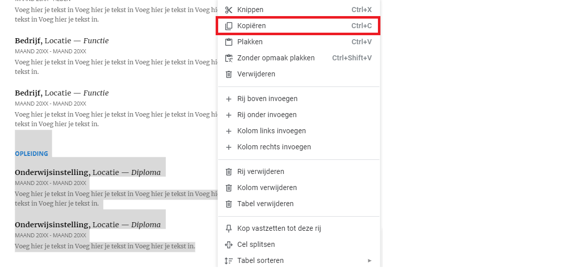 Google docs cv onderdeel kopieeren verwijderen