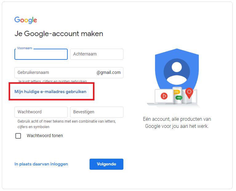 google account maken met je huidige mail