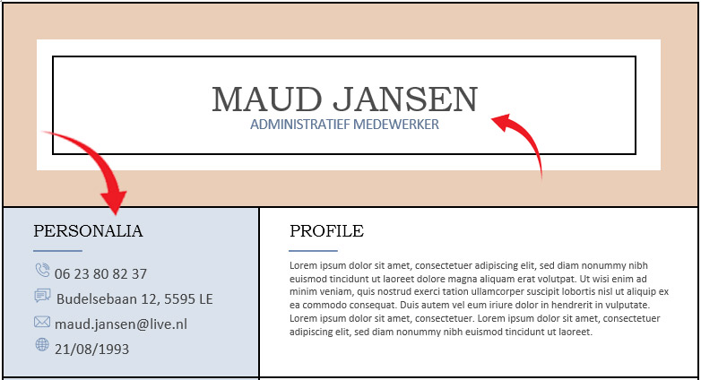 voorbeeld personalia op een Microsoft Word cv-sjabloon