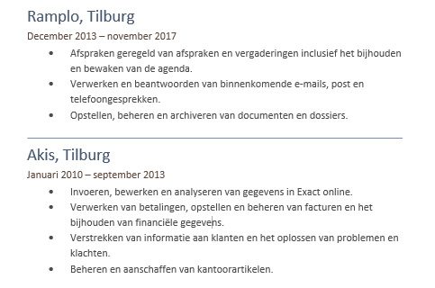 ingevulde werkervaring in een Word cv-template